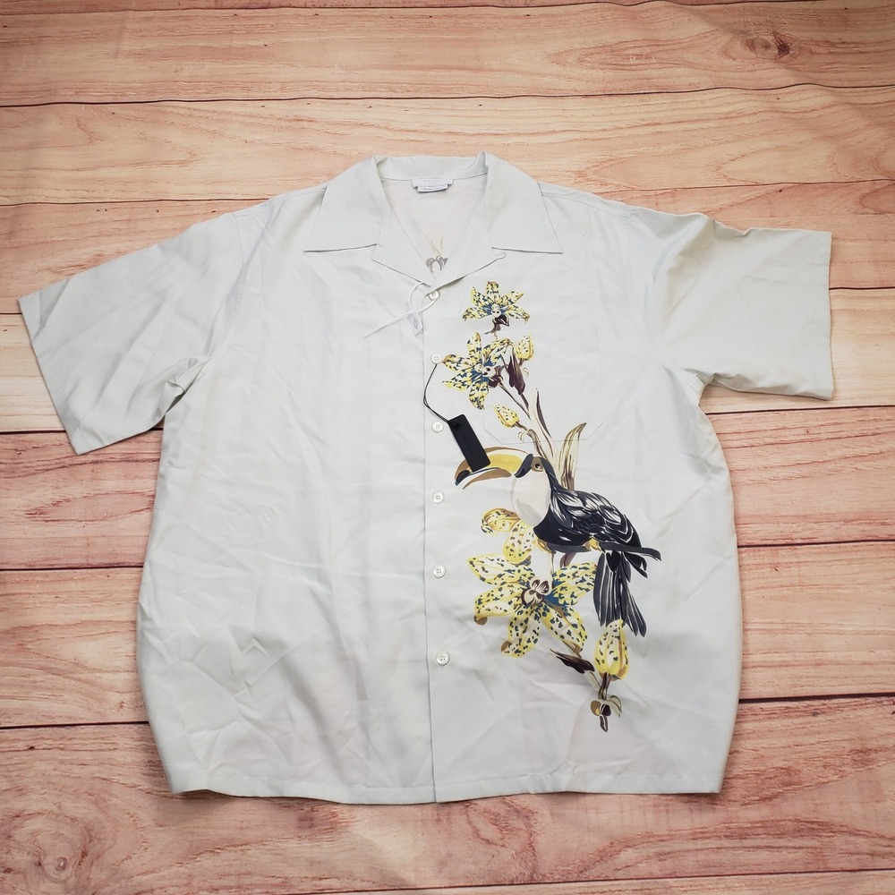NEW Prada Shirt Mens Extra Large Beige Silk Toucan Orchid Short Sleeve Lounge